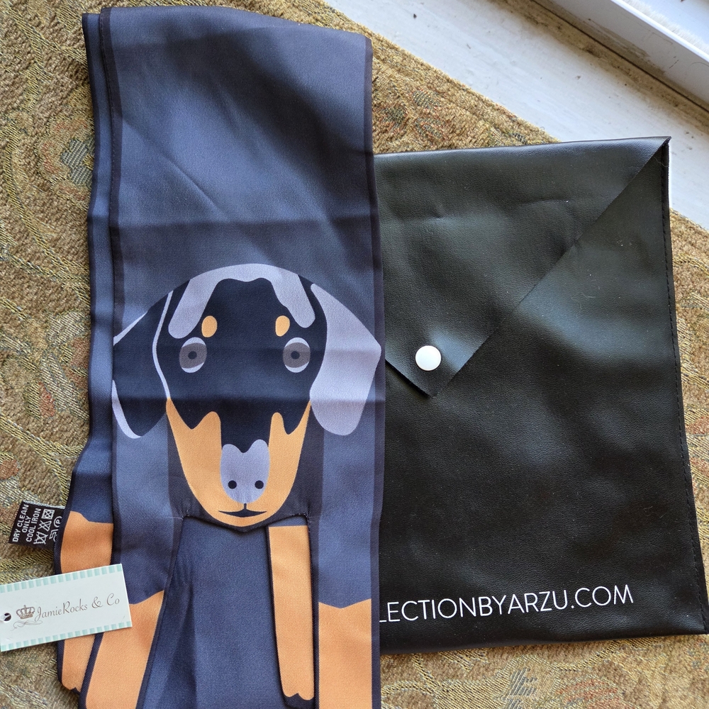 DACHSHUND LOVE FUN 100% Polyester  Scarf - Orange and Black